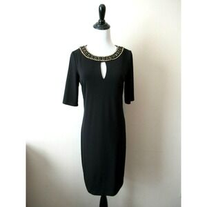 Vince Camuto Beaded Keyhole Sheath Dress Women 6 Black Short Sleeve Stretch